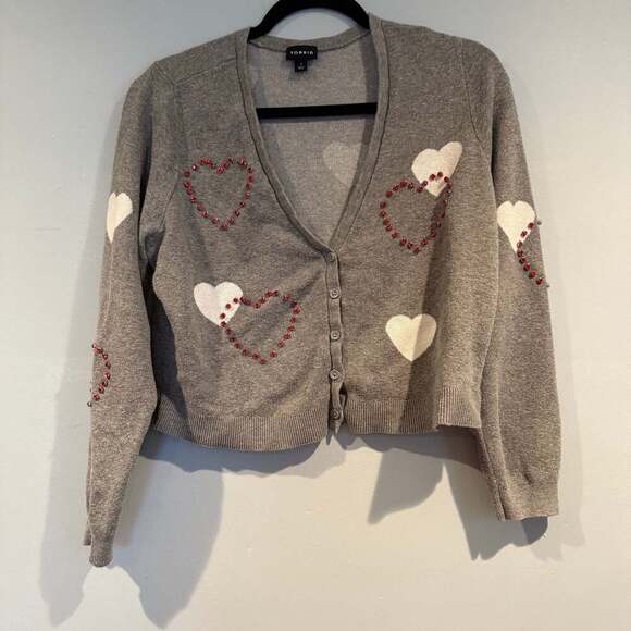 Torrid Sweaters - Torrid Gray Heart Print Cardigan Sweater with Rhinestone Embellishments